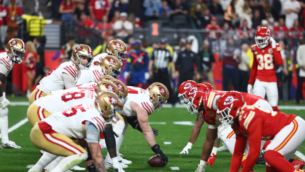 Feb 11, 2024; Paradise, Nevada, USA; San Francisco 49ers quarterback Brock Purdy (13) under center against the Kansas City Chiefs in the first half in Super Bowl LVIII at Allegiant Stadium. Mandatory Credit: Mark J. Rebilas-USA TODAY Sports  